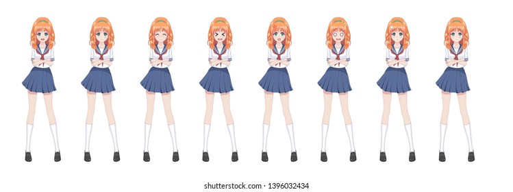 Anime manga girl, Cartoon character in Japanese style.School girl in a sailor suit, blue skirt.Set of emotions.Sprite full length character for game visual novel