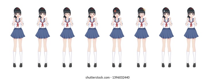 Anime manga girl, Cartoon character in Japanese style.School girl in a sailor suit, blue skirt.Set of emotions.Sprite full length character for game visual novel