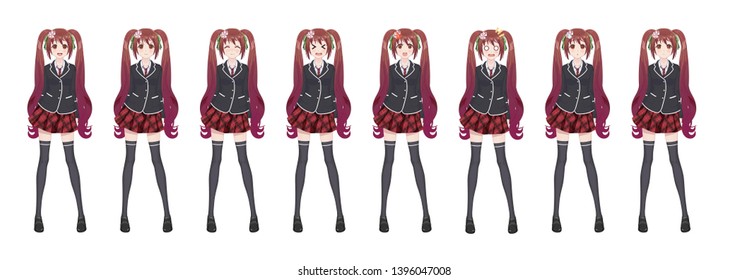 Anime manga girl, Cartoon character in Japanese style. Student girl in a black blazer, a red skirt in a cage. Set of emotions. Sprite full length character for game visual novel