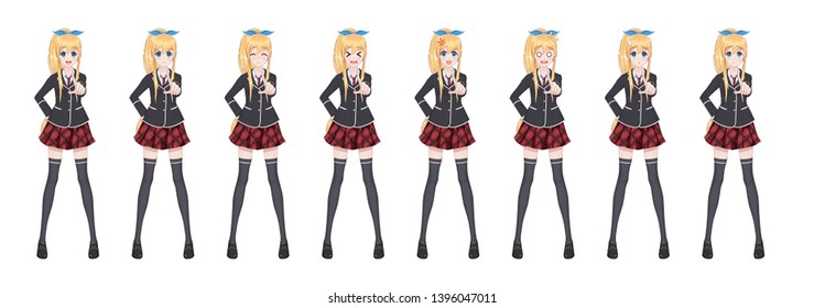 Anime manga girl, Cartoon character in Japanese style. Student girl in a black blazer, a red skirt in a cage. Set of emotions. Sprite full length character for game visual novel