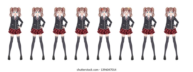 Anime manga girl, Cartoon character in Japanese style. Student girl in a black blazer, a red skirt in a cage. Set of emotions. Sprite full length character for game visual novel