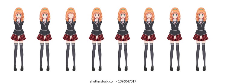 Anime manga girl, Cartoon character in Japanese style. Student girl in a black blazer, a red skirt in a cage. Set of emotions. Sprite full length character for game visual novel