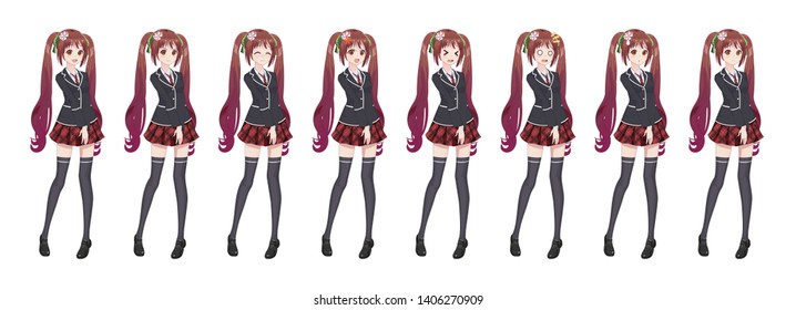 Anime manga girl, Cartoon character in Japanese style. Student girl in a black blazer, a red skirt in a cage. Set of emotions. Sprite full length character for game visual novel