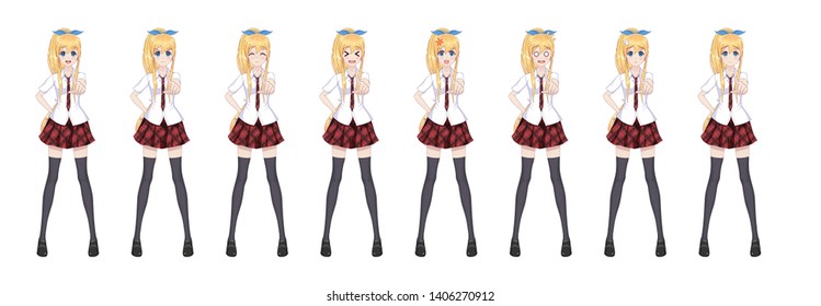 Anime manga girl, Cartoon character in Japanese style. In a white shirt, a red skirt in a cage, a tie and black stockings-tights. Set of emotions. Sprite full length character for game visual novel