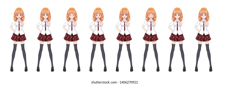 Anime manga girl, Cartoon character in Japanese style. In a white shirt, a red skirt in a cage, a tie and black stockings-tights. Set of emotions. Sprite full length character for game visual novel