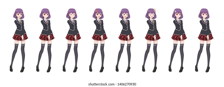 Anime manga girl, Cartoon character in Japanese style. Student girl in a black blazer, a red skirt in a cage. Set of emotions. Sprite full length character for game visual novel