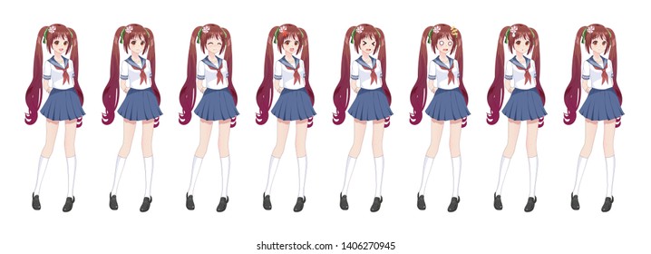 Anime manga girl, Cartoon character in Japanese style.School girl in a sailor suit, blue skirt.Set of emotions.Sprite full length character for game visual novel