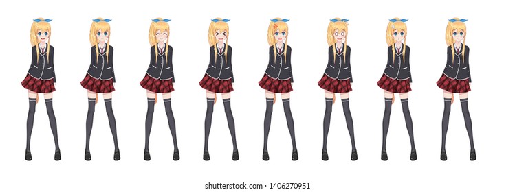 Anime manga girl, Cartoon character in Japanese style. Student girl in a black blazer, a red skirt in a cage. Set of emotions. Sprite full length character for game visual novel