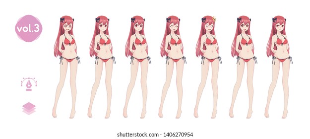 Anime manga girl, Cartoon character in Japanese style. In a summer bikini swimsuit. Set of emotions. Sprite full length character for game visual novel