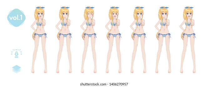Anime manga girl, Cartoon character in Japanese style. In a summer bikini swimsuit. Set of emotions. Sprite full length character for game visual novel