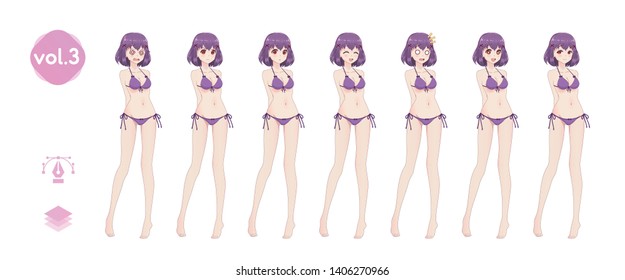 Anime manga girl, Cartoon character in Japanese style. In a summer bikini swimsuit. Set of emotions. Sprite full length character for game visual novel
