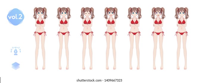 Anime manga girl, Cartoon character in Japanese style. In a summer bikini swimsuit. Set of emotions. Sprite full length character for game visual novel