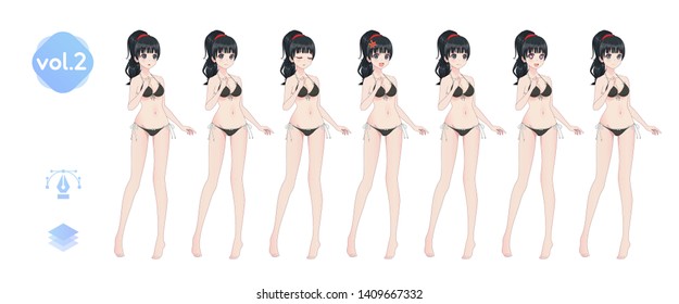 Anime manga girl, Cartoon character in Japanese style. In a summer bikini swimsuit. Set of emotions. Sprite full length character for game visual novel