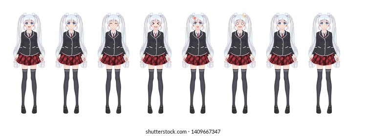 Anime manga girl, Cartoon character in Japanese style. Student girl in a black blazer, a red skirt in a cage. Set of emotions. Sprite full length character for game visual novel