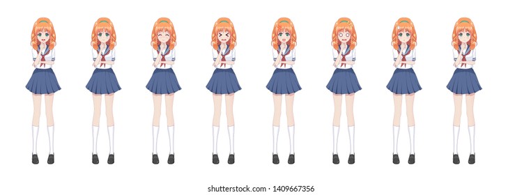 Anime manga girl, Cartoon character in Japanese style.School girl in a sailor suit, blue skirt.Set of emotions.Sprite full length character for game visual novel