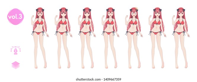 Anime manga girl, Cartoon character in Japanese style. In a summer bikini swimsuit. Set of emotions. Sprite full length character for game visual novel