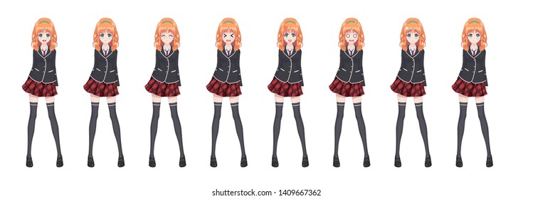 Anime manga girl, Cartoon character in Japanese style. Student girl in a black blazer, a red skirt in a cage. Set of emotions. Sprite full length character for game visual novel