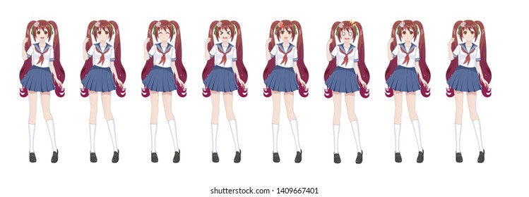 Anime manga girl, Cartoon character in Japanese style.School girl in a sailor suit, blue skirt.Set of emotions.Sprite full length character for game visual novel