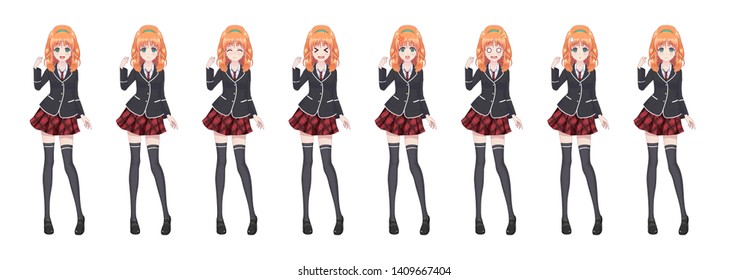 Anime manga girl, Cartoon character in Japanese style. Student girl in a black blazer, a red skirt in a cage. Set of emotions. Sprite full length character for game visual novel