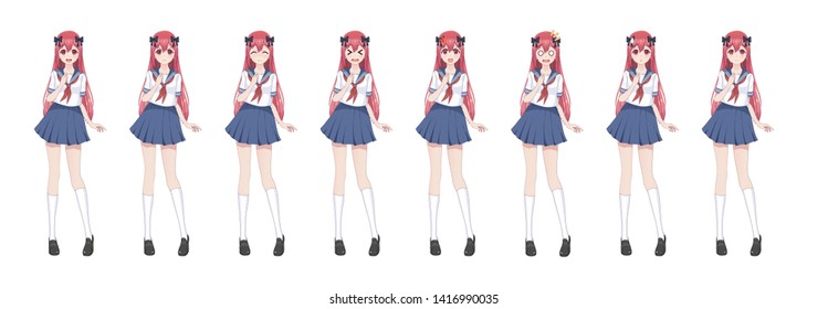 Anime manga girl, Cartoon character in Japanese style.School girl in a sailor suit, blue skirt.Set of emotions.Sprite full length character for game visual novel