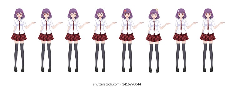 Anime manga girl, Cartoon character in Japanese style. In a white shirt, a red skirt in a cage, a tie and black stockings-tights. Set of emotions. Sprite full length character for game visual novel