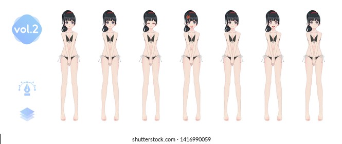 Anime manga girl, Cartoon character in Japanese style. In a summer bikini swimsuit. Set of emotions. Sprite full length character for game visual novel
