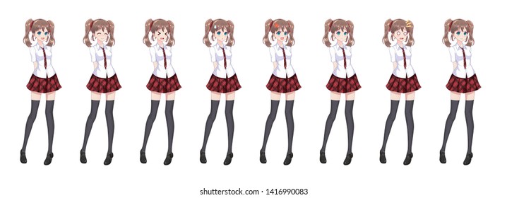 Anime manga girl, Cartoon character in Japanese style. In a white shirt, a red skirt in a cage, a tie and black stockings-tights. Set of emotions. Sprite full length character for game visual novel