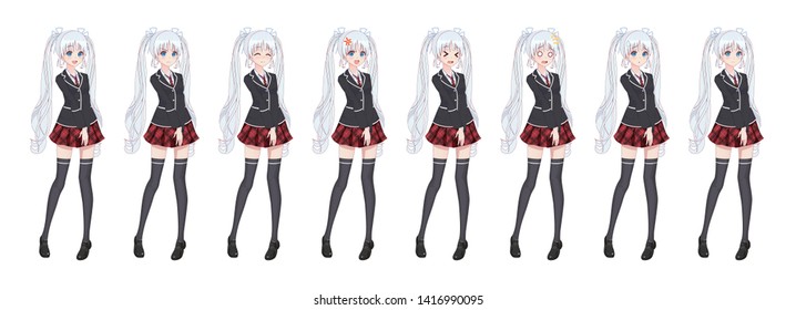 Anime manga girl, Cartoon character in Japanese style. Student girl in a black blazer, a red skirt in a cage. Set of emotions. Sprite full length character for game visual novel