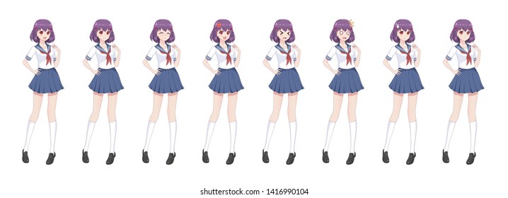 Anime manga girl, Cartoon character in Japanese style.School girl in a sailor suit, blue skirt.Set of emotions.Sprite full length character for game visual novel