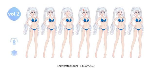 Anime manga girl, Cartoon character in Japanese style. In a summer bikini swimsuit. Set of emotions. Sprite full length character for game visual novel