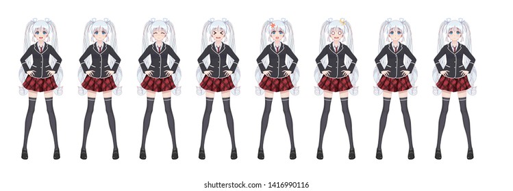 Anime manga girl, Cartoon character in Japanese style. Student girl in a black blazer, a red skirt in a cage. Set of emotions. Sprite full length character for game visual novel