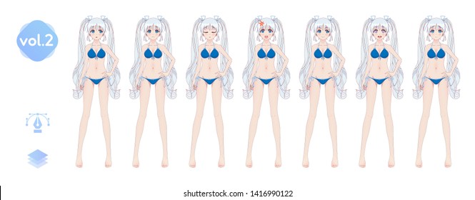Anime manga girl, Cartoon character in Japanese style. In a summer bikini swimsuit. Set of emotions. Sprite full length character for game visual novel