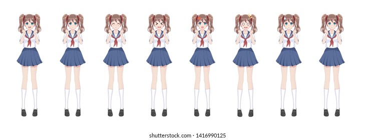 Anime manga girl, Cartoon character in Japanese style.School girl in a sailor suit, blue skirt.Set of emotions.Sprite full length character for game visual novel