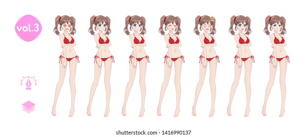 Anime manga girl, Cartoon character in Japanese style. In a summer bikini swimsuit. Set of emotions. Sprite full length character for game visual novel