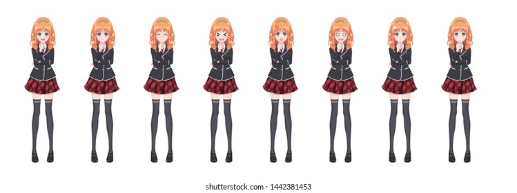 Anime manga girl, Cartoon character in Japanese style. Student girl in a black blazer, a red skirt in a cage. Set of emotions. Sprite full length character for game visual novel