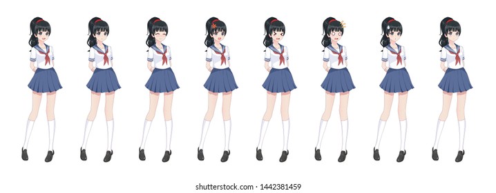 Anime manga girl, Cartoon character in Japanese style.School girl in a sailor suit, blue skirt.Set of emotions.Sprite full length character for game visual novel