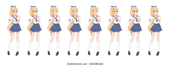 Anime manga girl, Cartoon character in Japanese style.School girl in a sailor suit, blue skirt.Set of emotions.Sprite full length character for game visual novel