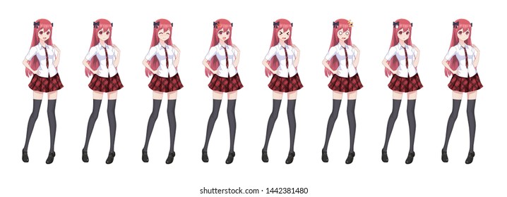 Anime manga girl, Cartoon character in Japanese style. In a white shirt, a red skirt in a cage, a tie and black stockings-tights. Set of emotions. Sprite full length character for game visual novel