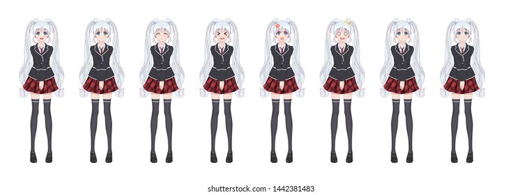 Anime manga girl, Cartoon character in Japanese style. Student girl in a black blazer, a red skirt in a cage. Set of emotions. Sprite full length character for game visual novel