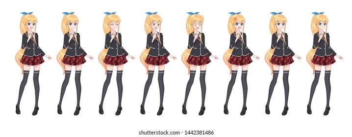 Anime manga girl, Cartoon character in Japanese style. Student girl in a black blazer, a red skirt in a cage. Set of emotions. Sprite full length character for game visual novel