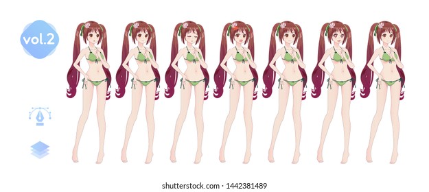 Anime manga girl, Cartoon character in Japanese style. In a summer bikini swimsuit. Set of emotions. Sprite full length character for game visual novel