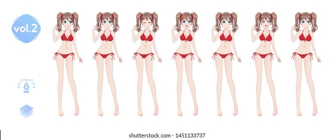 Anime manga girl, Cartoon character in Japanese style. In a summer bikini swimsuit. Set of emotions. Sprite full length character for game visual novel