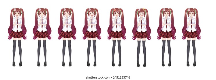 Anime manga girl, Cartoon character in Japanese style. In a white shirt, a red skirt in a cage, a tie and black stockings-tights. Set of emotions. Sprite full length character for game visual novel