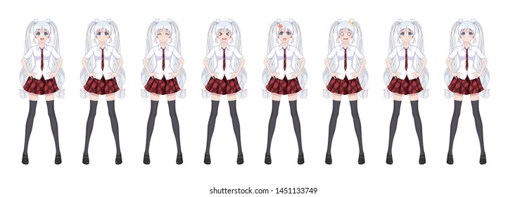 Anime manga girl, Cartoon character in Japanese style. In a white shirt, a red skirt in a cage, a tie and black stockings-tights. Set of emotions. Sprite full length character for game visual novel