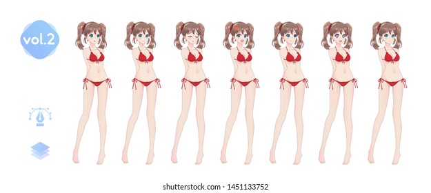 Anime manga girl, Cartoon character in Japanese style. In a summer bikini swimsuit. Set of emotions. Sprite full length character for game visual novel