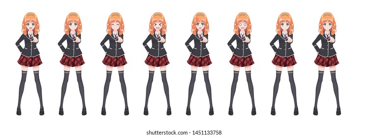 Anime manga girl, Cartoon character in Japanese style. Student girl in a black blazer, a red skirt in a cage. Set of emotions. Sprite full length character for game visual novel