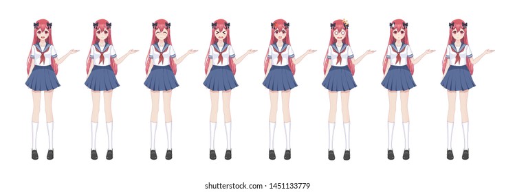 Anime manga girl, Cartoon character in Japanese style.School girl in a sailor suit, blue skirt.Set of emotions.Sprite full length character for game visual novel