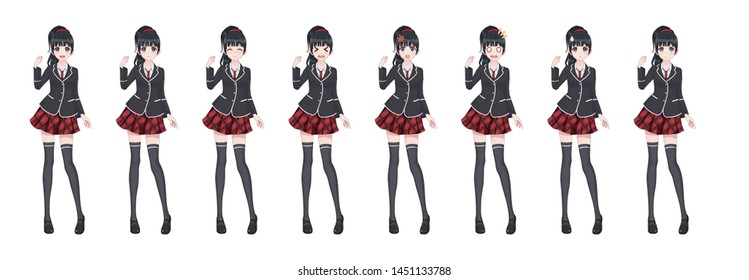 Anime manga girl, Cartoon character in Japanese style. Student girl in a black blazer, a red skirt in a cage. Set of emotions. Sprite full length character for game visual novel