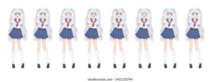 Anime manga girl, Cartoon character in Japanese style.School girl in a sailor suit, blue skirt.Set of emotions.Sprite full length character for game visual novel