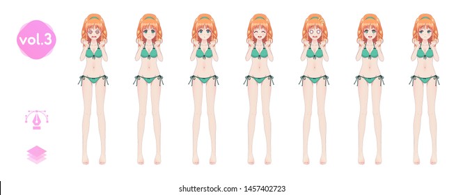 Anime manga girl, Cartoon character in Japanese style. In a summer bikini swimsuit. Set of emotions. Sprite full length character for game visual novel